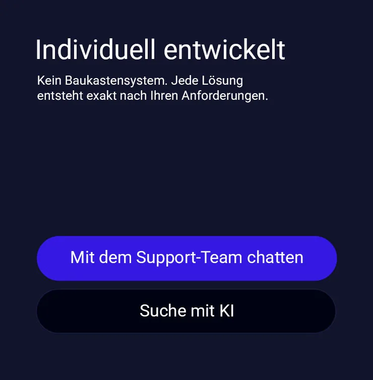 Individuell entwickelte App-Oberfläche mit Support-Chat und KI-Suche